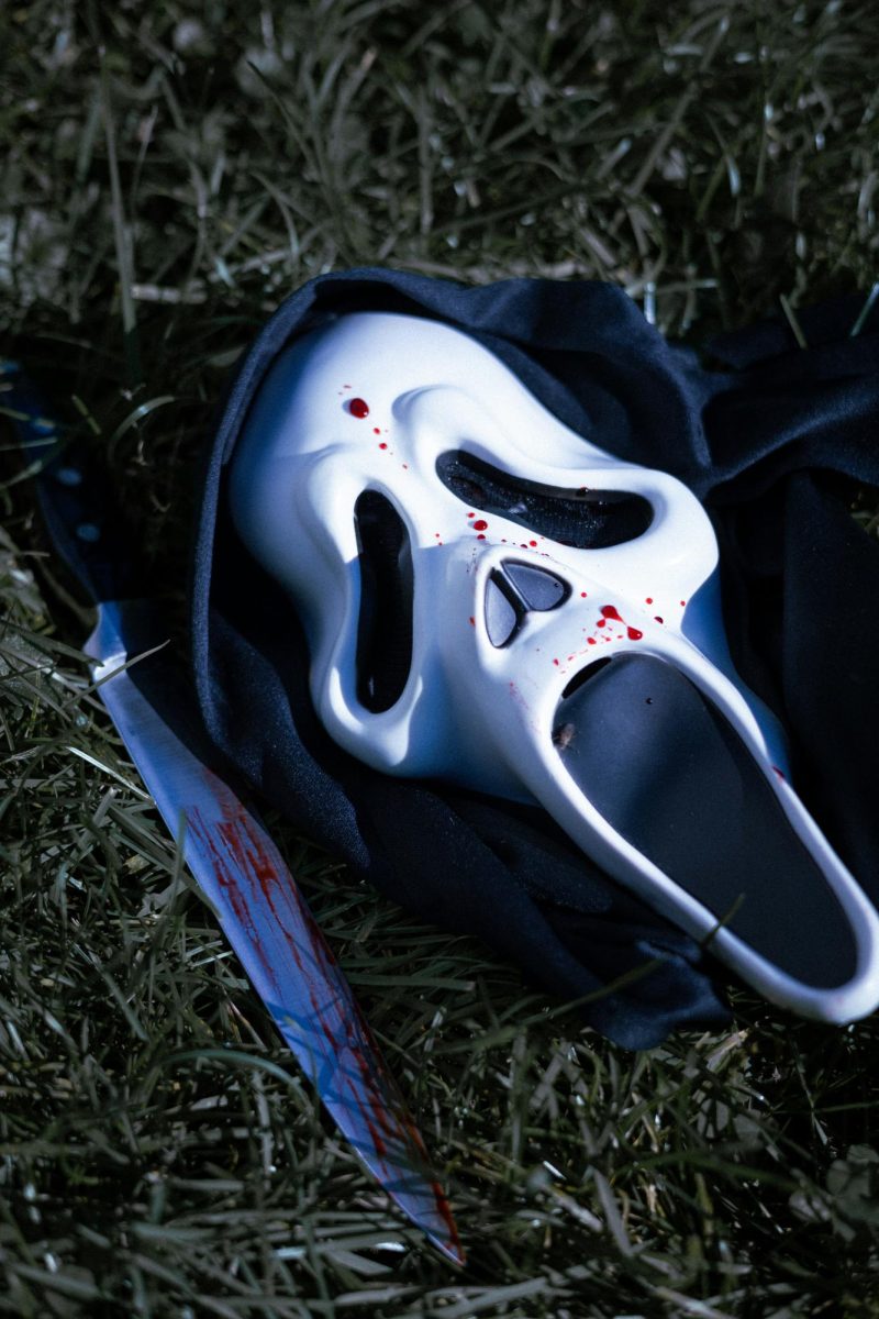 The mask of Ghostface that the antagonists/killers wear with a costume to hide their identity in the SCREAM movies. 